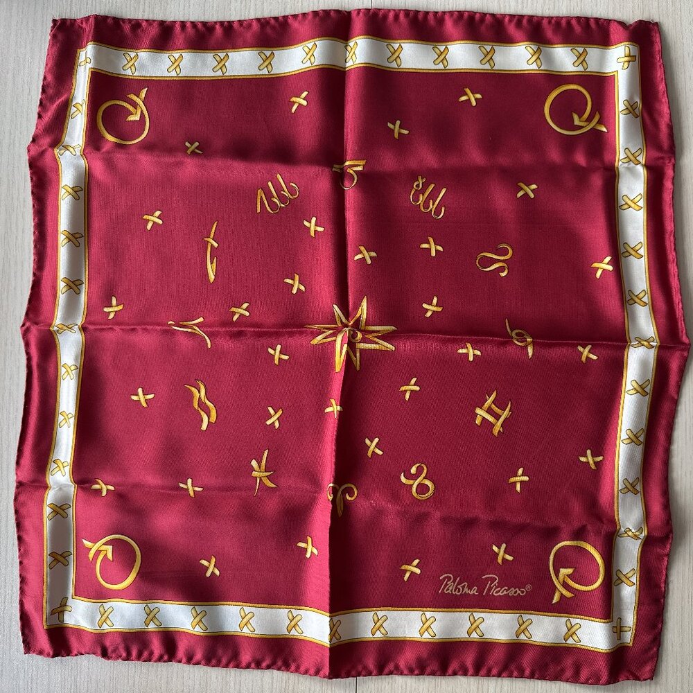 Vintage Paloma Picasso Silk Scarf Red/Gold 50cm Square X Marks The Spot/Zodiac